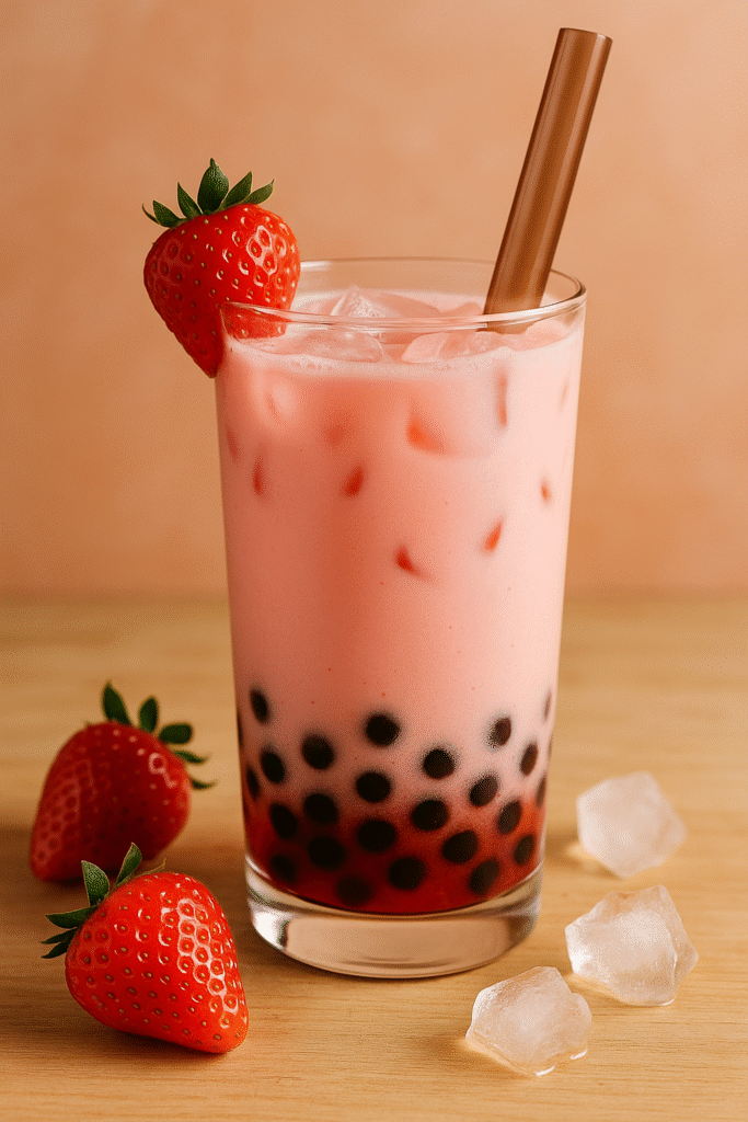 A vibrant pink cup of strawberry milk tea topped with ice, capturing the refreshing blend of fresh strawberries and creamy milk