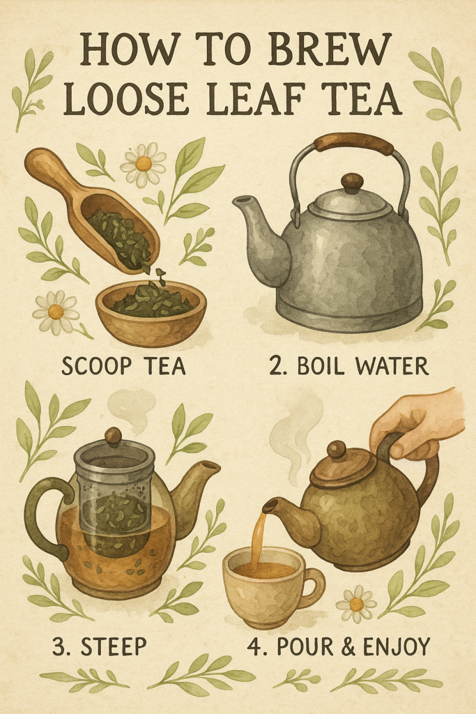 Image showing how to brew loose leaf tea Step-by-step guide showing how to brew loose leaf tea